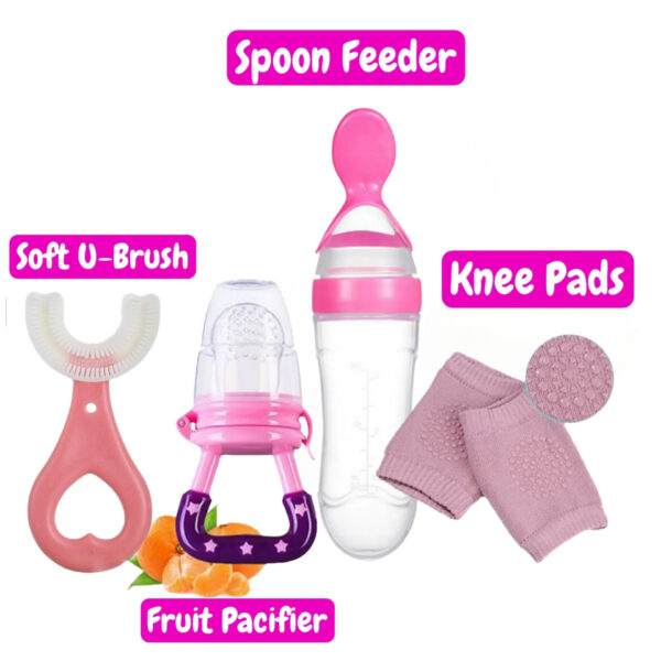 Baby Feeding & Safety Essentials Set – Spoon Feeder, Fruit Pacifier, Soft U-Brush, Knee Pads – Infant & Toddler Care